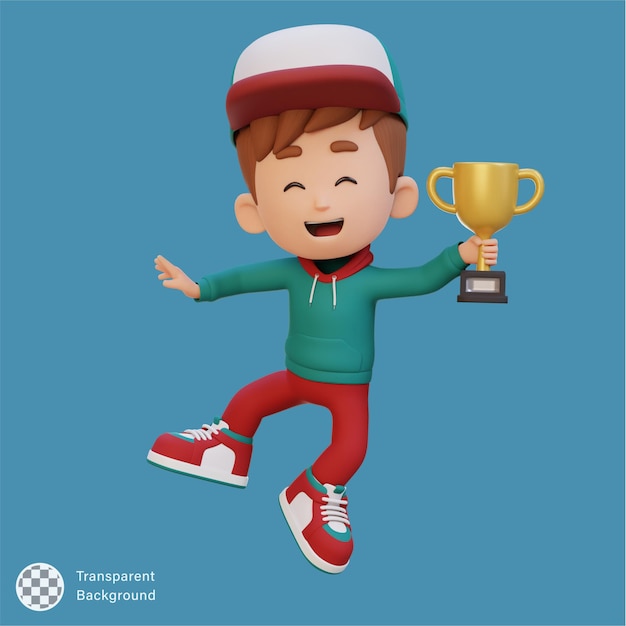 Personaje infantil en 3D celebrando la victoria sosteniendo un trofeo