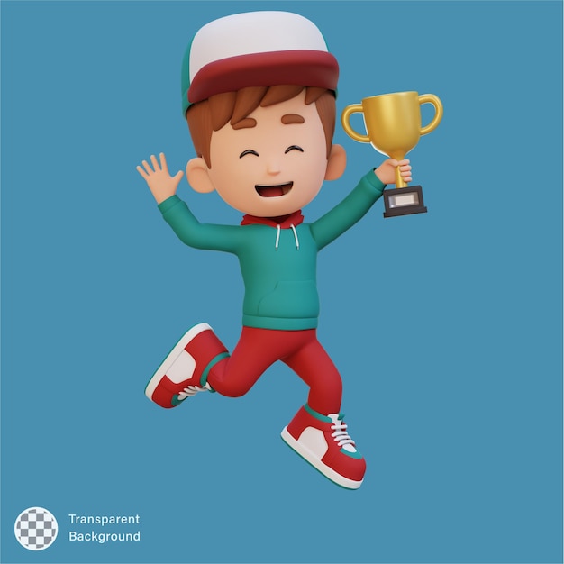 Personaje infantil en 3D celebrando la victoria sosteniendo un trofeo