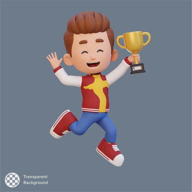Personaje infantil en 3D celebrando la victoria sosteniendo un trofeo
