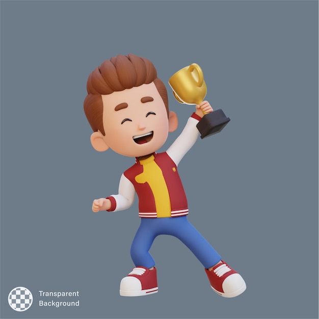 Personaje infantil en 3D celebrando la victoria sosteniendo un trofeo