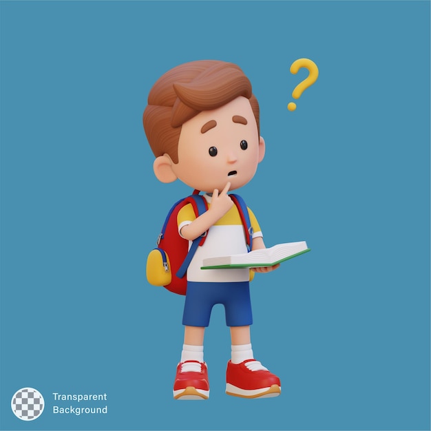 El personaje infantil 3D se confunde cuando lee un libro.