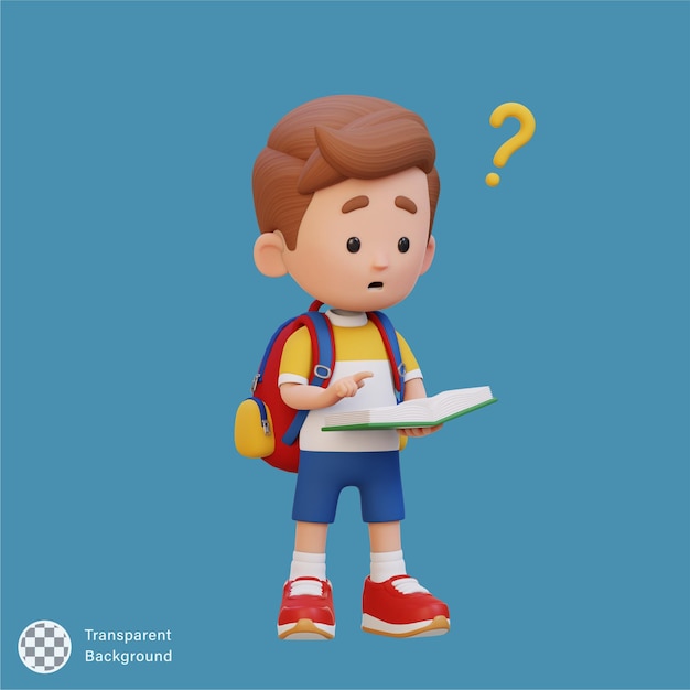 El personaje infantil 3D se confunde cuando lee un libro.
