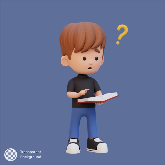 El personaje infantil 3D se confunde cuando lee un libro.