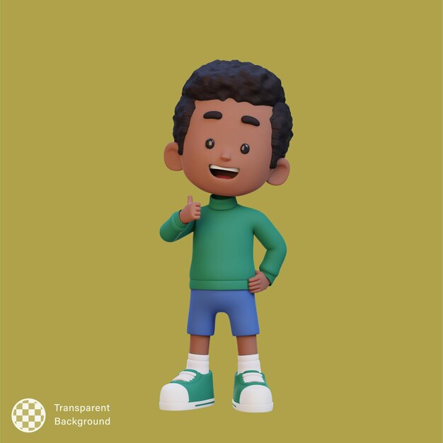 El personaje infantil en 3D le da un pulgar con una cara feliz y linda.