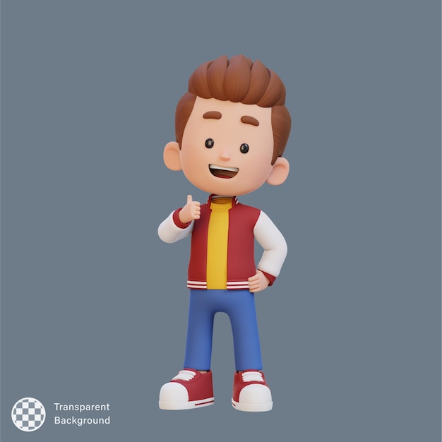 El personaje infantil en 3D le da un pulgar con una cara feliz y linda.