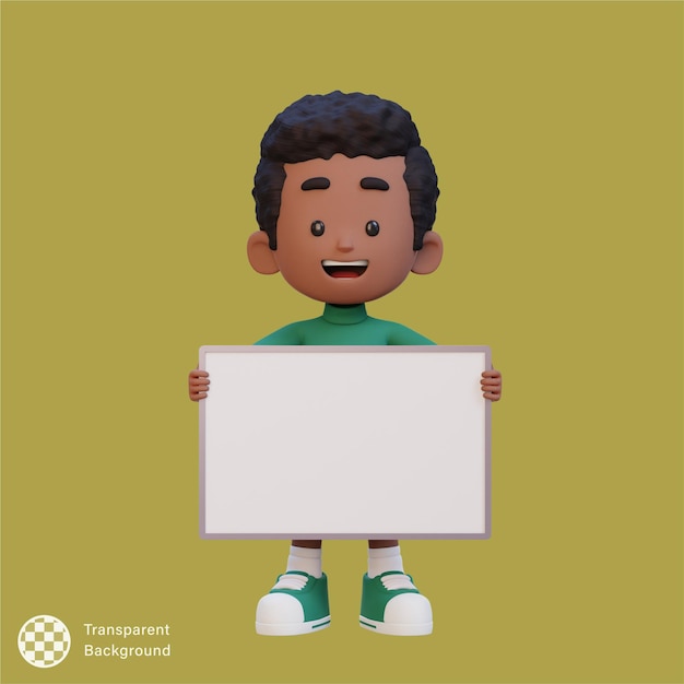 Personaje infantil en 3D sosteniendo un cartel en blanco