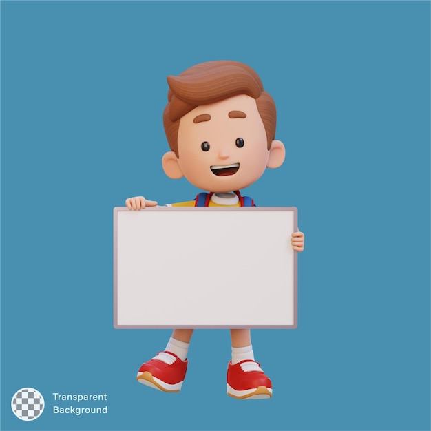 Un personaje infantil en 3D sosteniendo un cartel en blanco