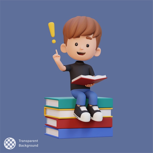 El personaje infantil en 3D tiene una idea al leer un libro.