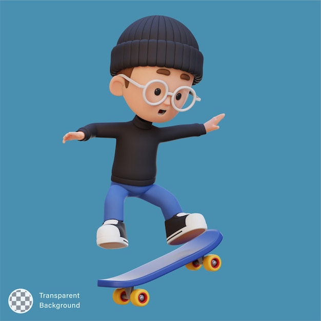 Un personaje infantil en 3D viaja en patineta.