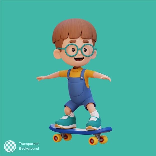 PSD un personaje infantil en 3d viaja en patineta.