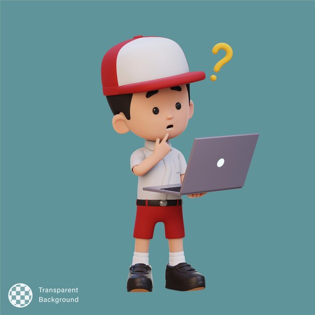 Un personaje infantil lindo en 3d confundido en una computadora portátil