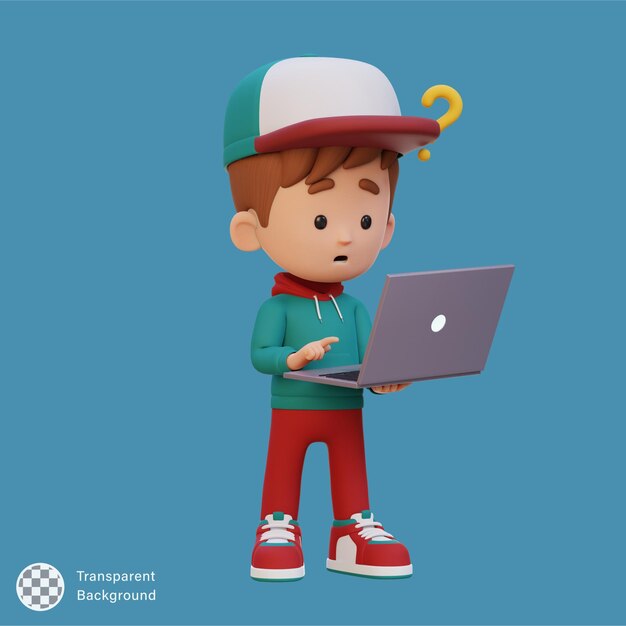 PSD un personaje infantil lindo en 3d confundido en una computadora portátil