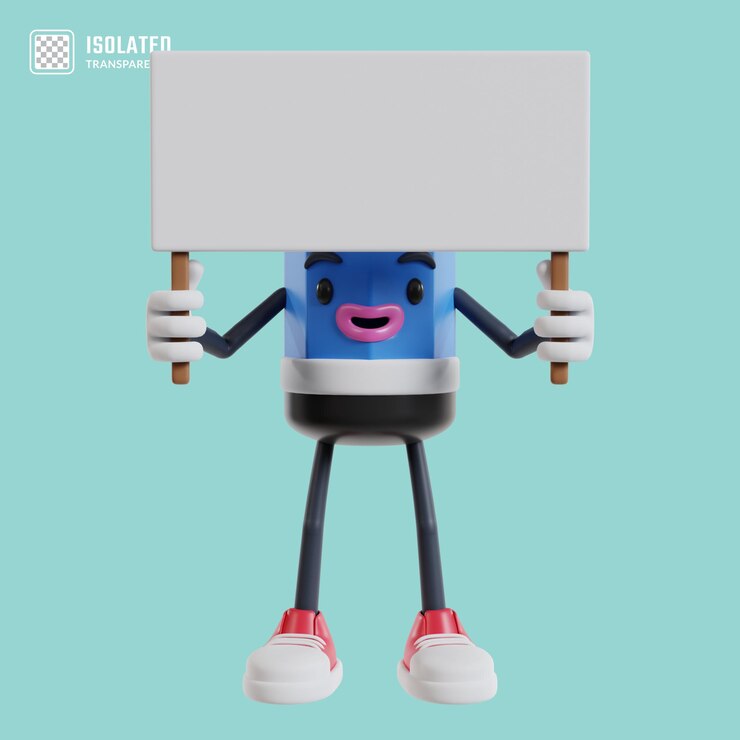 PSD personaje de lápiz de dibujos animados en 3d sosteniendo una placa verde con ambas manos