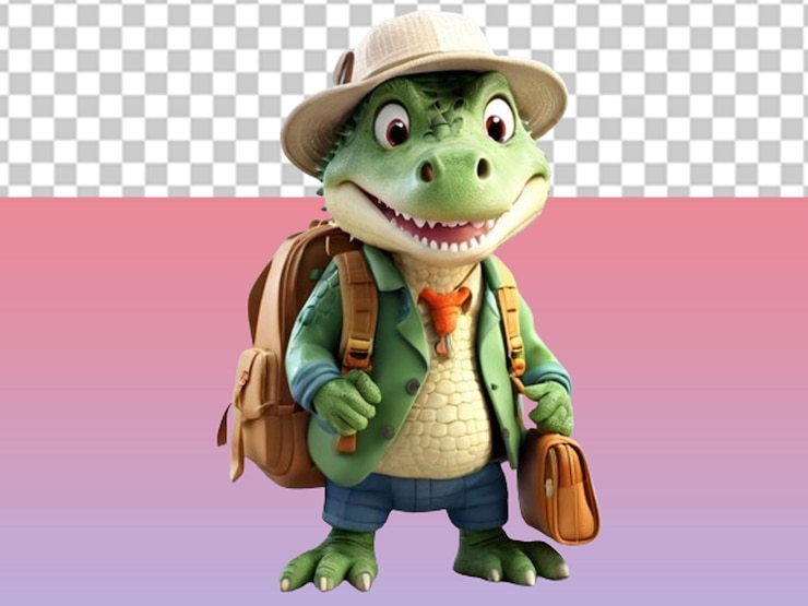 PSD el personaje lindo del cocodrilo 3d lleva sombrero y mochila.