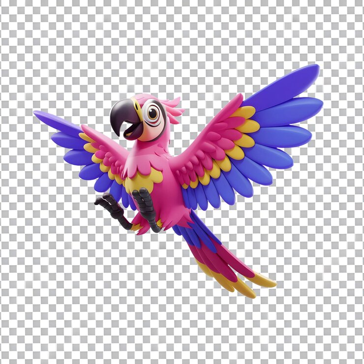 PSD un personaje de loro colorido volando contra un fondo transparente