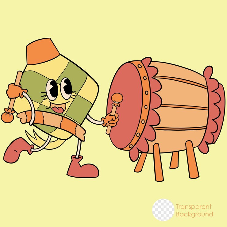 PSD personaje de la mascota de ketupat golpeando el tambor, estilo de ilustración de moda