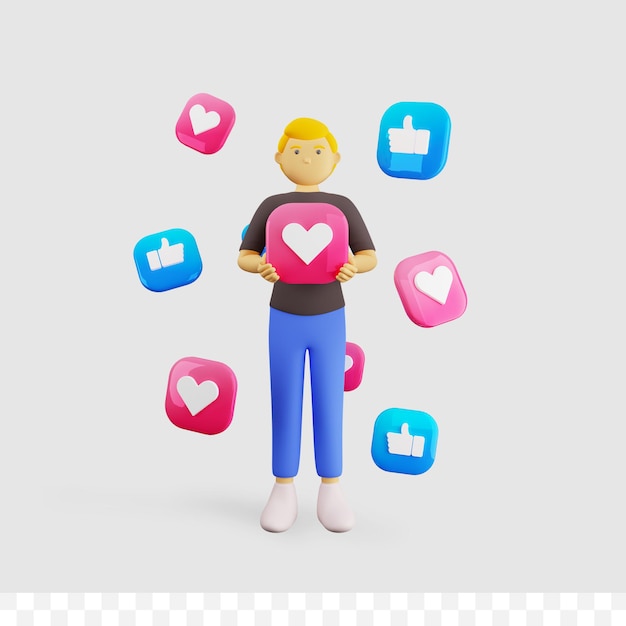 Personaje masculino 3D con amor y como icono