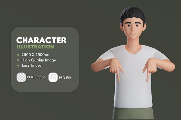 Personaje masculino 3D apuntando al lado inferior Use ambas manos