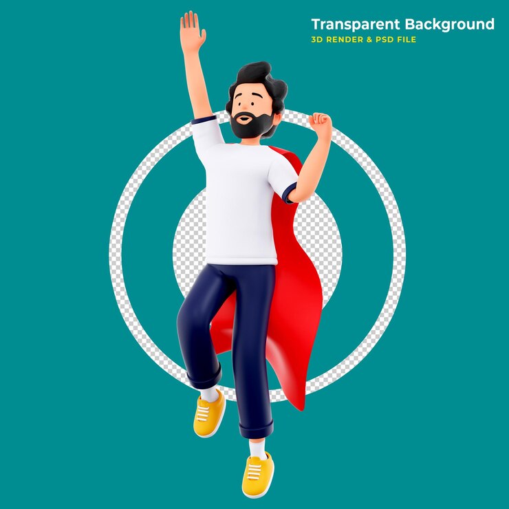 PSD personaje masculino en 3d con capa de superhéroe lanzándose en vuelo