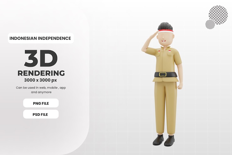 PSD personaje masculino 3d celebrando la independencia de indonesia ilustración psd premium
