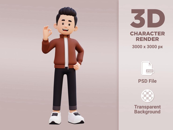PSD el personaje masculino en 3d da una señal de ok.