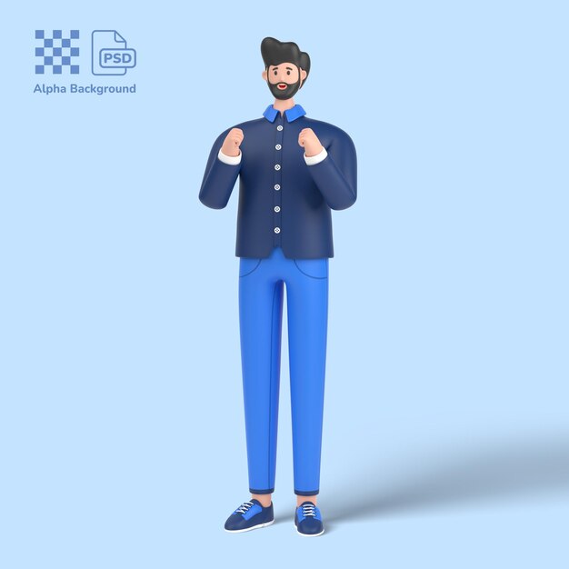Personaje masculino 3d Gesto ganador que expresa emoción positiva Sonrisa exitosa