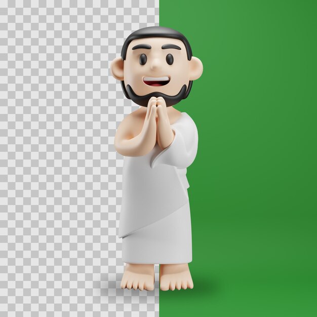 Personaje masculino 3D de hajj con gesto de mano de saludo