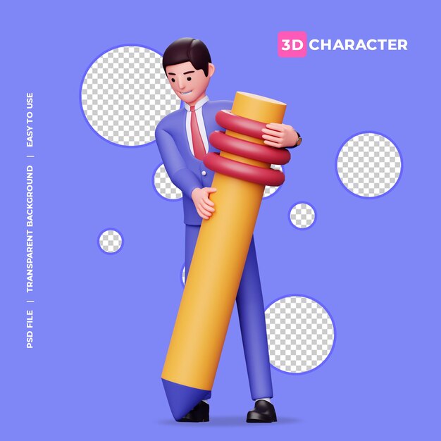 PSD personaje masculino 3d con lápiz grande con fondo transparente