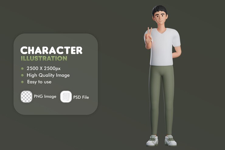 PSD personaje masculino 3d mostrar lindo gesto de la mano de la paz usar la mano izquierda