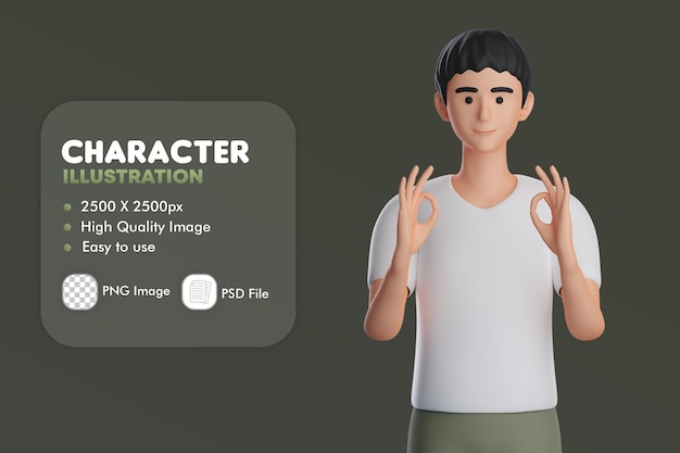 Personaje masculino 3D Mostrar Ok Gesto de mano Usar ambas manos