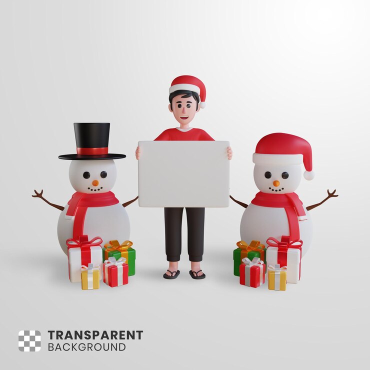 PSD personaje masculino 3d con papel en blanco con muñeco de nieve y caja de regalo