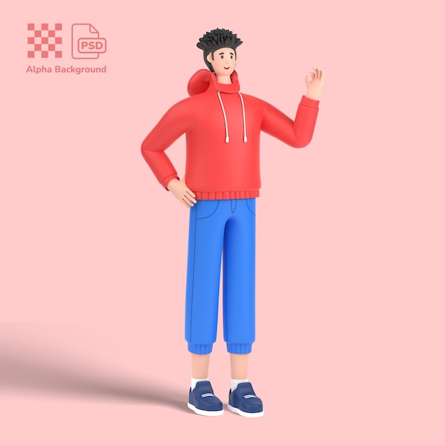 Personaje masculino 3d que muestra una pose de gesto agradable