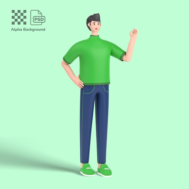 Personaje masculino 3d que muestra una pose de gesto agradable