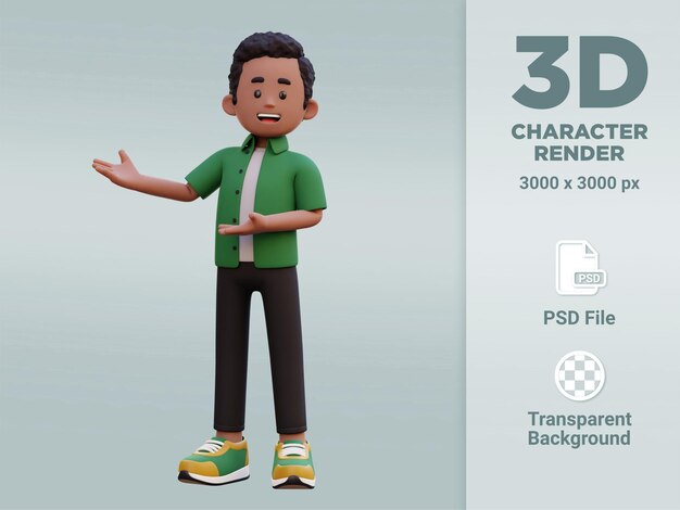 personaje masculino 3d que presenta a la derecha