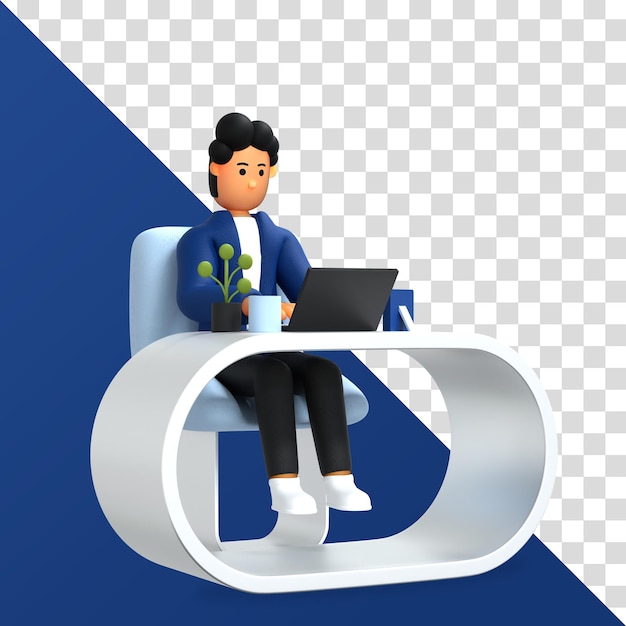 Personaje masculino 3d que trabaja con una computadora portátil independiente renderizado 3d psd premium