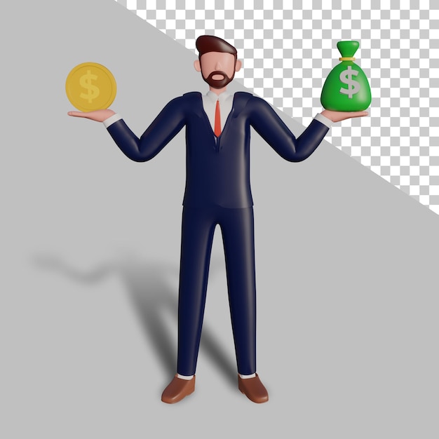 Personaje masculino 3D recaudando dinero.