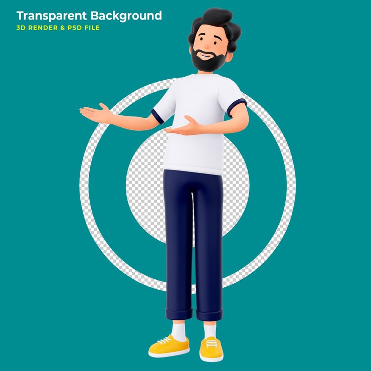 Personaje masculino en 3D señalando a su lado