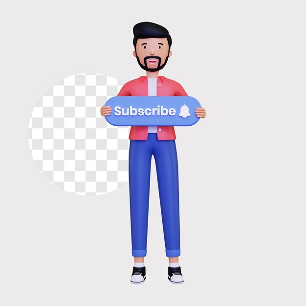 Personaje masculino 3D sosteniendo un cartel de suscripción
