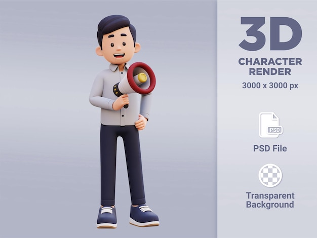 PSD personaje masculino 3d sosteniendo un megáfono