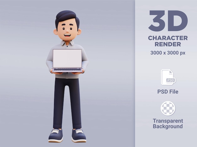 Personaje masculino 3d sosteniendo y presentando una computadora portátil con pantalla vacía