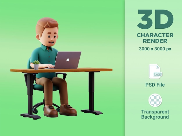 personaje masculino 3d trabajando en una computadora portátil