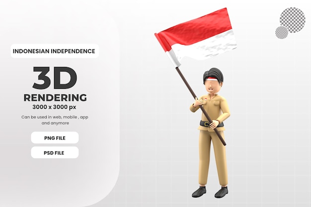 Personaje masculino 3d traer ilustración de bandera de indonesia psd premium