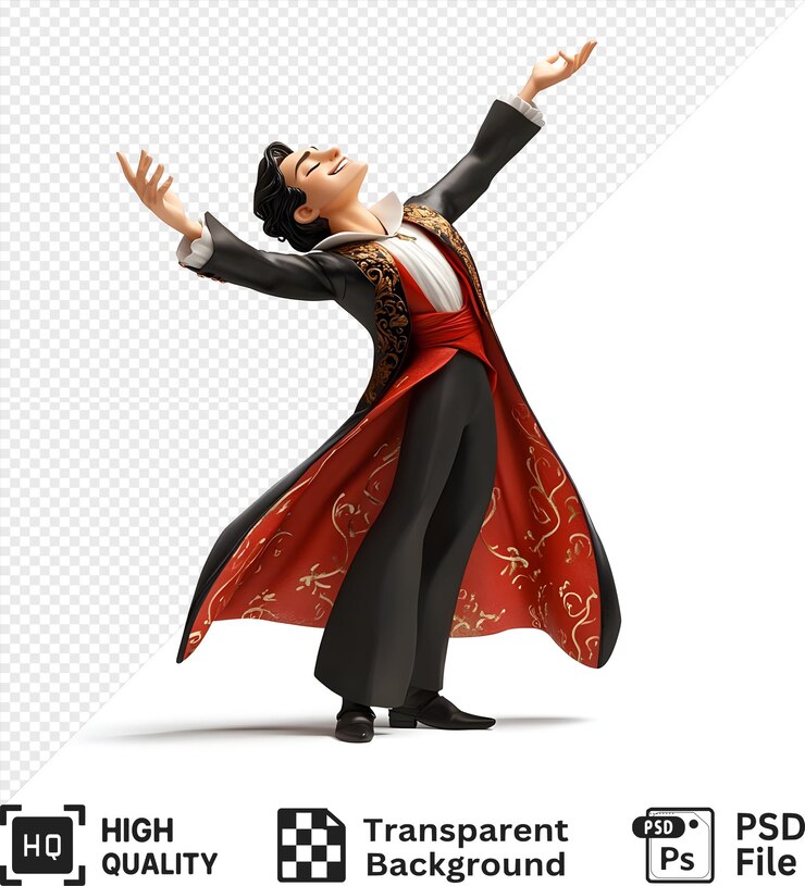 PSD personaje masculino animado con traje negro y capa roja con adornos dorados aislados en un fondo transparente