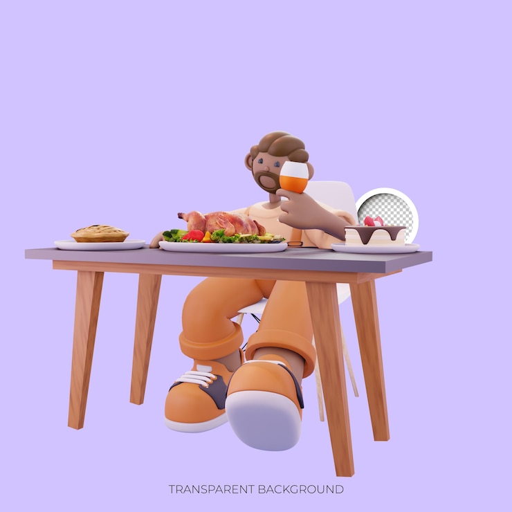 PSD personaje masculino comiendo comida en la mesa postura desde la izquierda