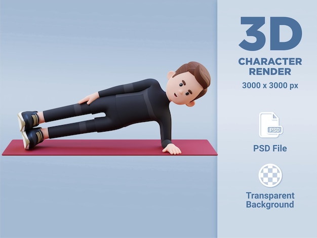 Personaje masculino deportivo 3D Clavando el ejercicio de tablón lateral en el gimnasio en casa