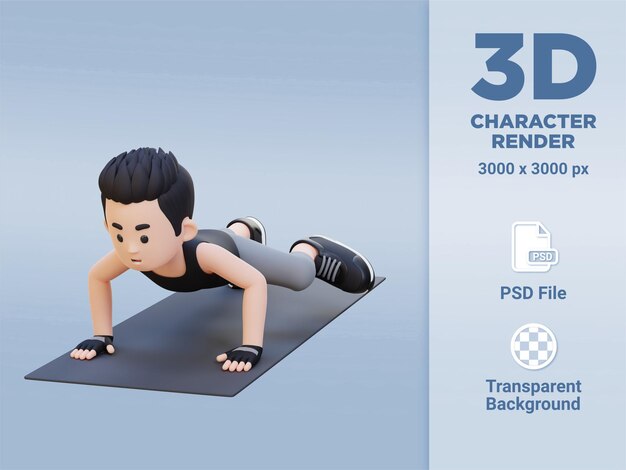 Personaje masculino deportivo 3D que realiza ejercicio de empuje de Spiderman en el gimnasio en casa
