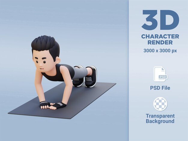 Personaje masculino deportivo en 3D que realiza ejercicio de empujón de agarre cerrado en el gimnasio en casa