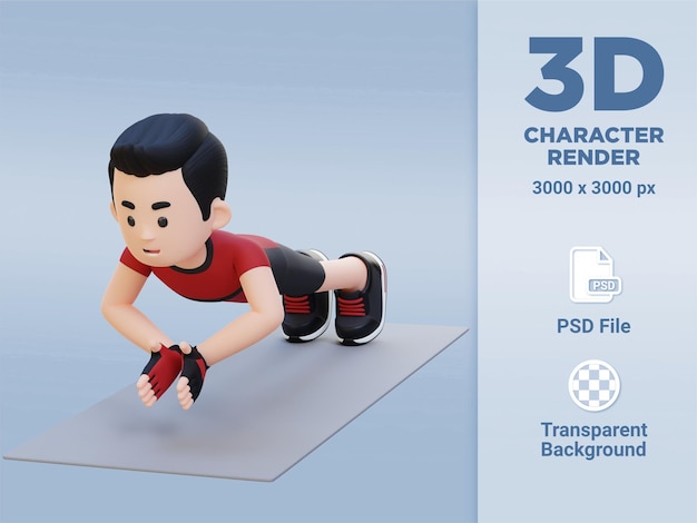 Personaje masculino deportivo en 3D que realiza ejercicios de empuje de aplausos en el gimnasio en casa