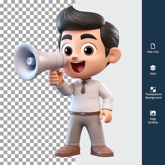 Personaje masculino de psd 3d con un megáfono con fondo transparente