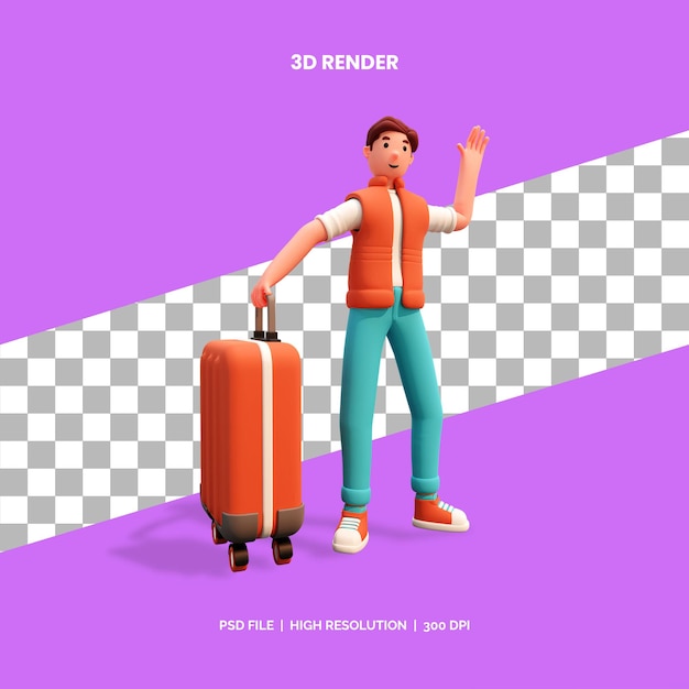 Personaje masculino de renderizado 3D con maleta